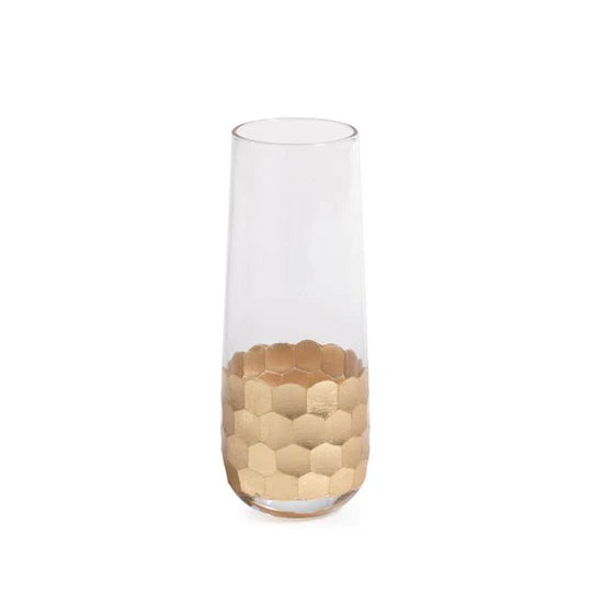 Elegant champagne glass with gold leaf detailing by Zodax, showcasing a clear glassware design perfect for celebrations.