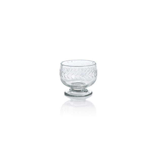 Handblown etched mezcal glass by Zodax, showcasing intricate etched design on clear glassware ideal for spirits.