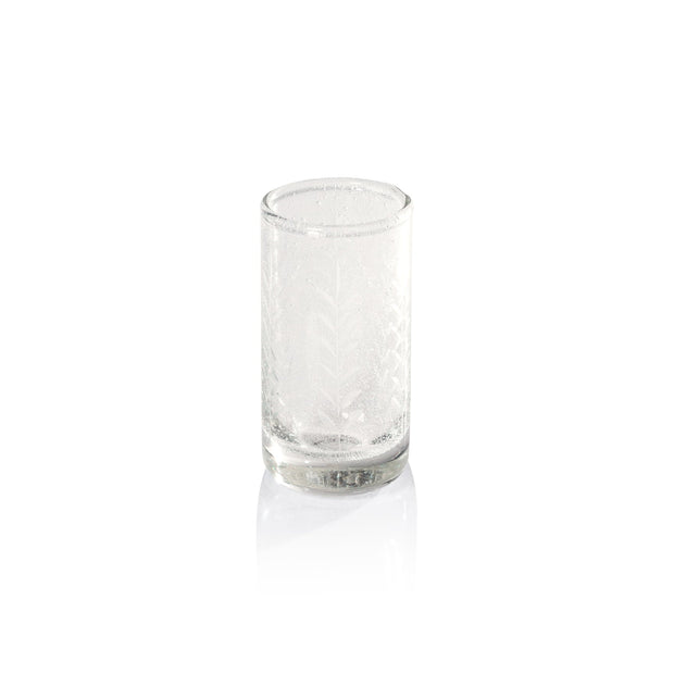 Handblown etched tequila shot glass by Zodax, featuring intricate glassware design with etched detail for elegant serving.