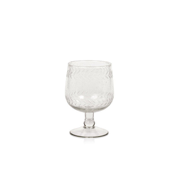 Handblown etched wine glass by Zodax, showcasing intricate design and clear glassware for elegant wine serving.