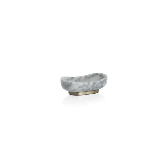 Marble oval serving bowl with a gold metal base, elegant serveware piece by Zodax for serving snacks or appetizers.