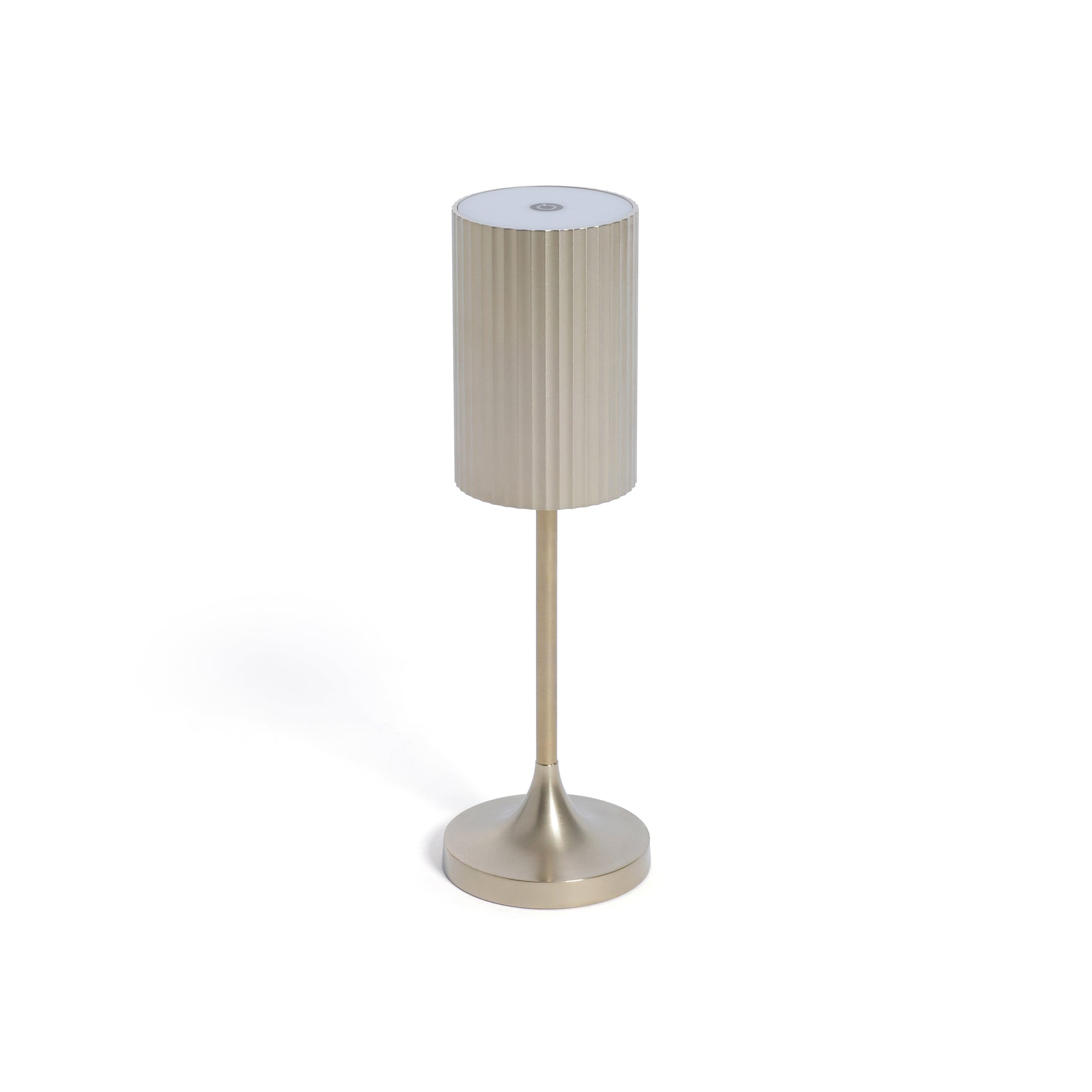 Zodax Reed rechargeable table lamp in gold with a sleek, modern design, ideal for ambient lighting on a table or desk.