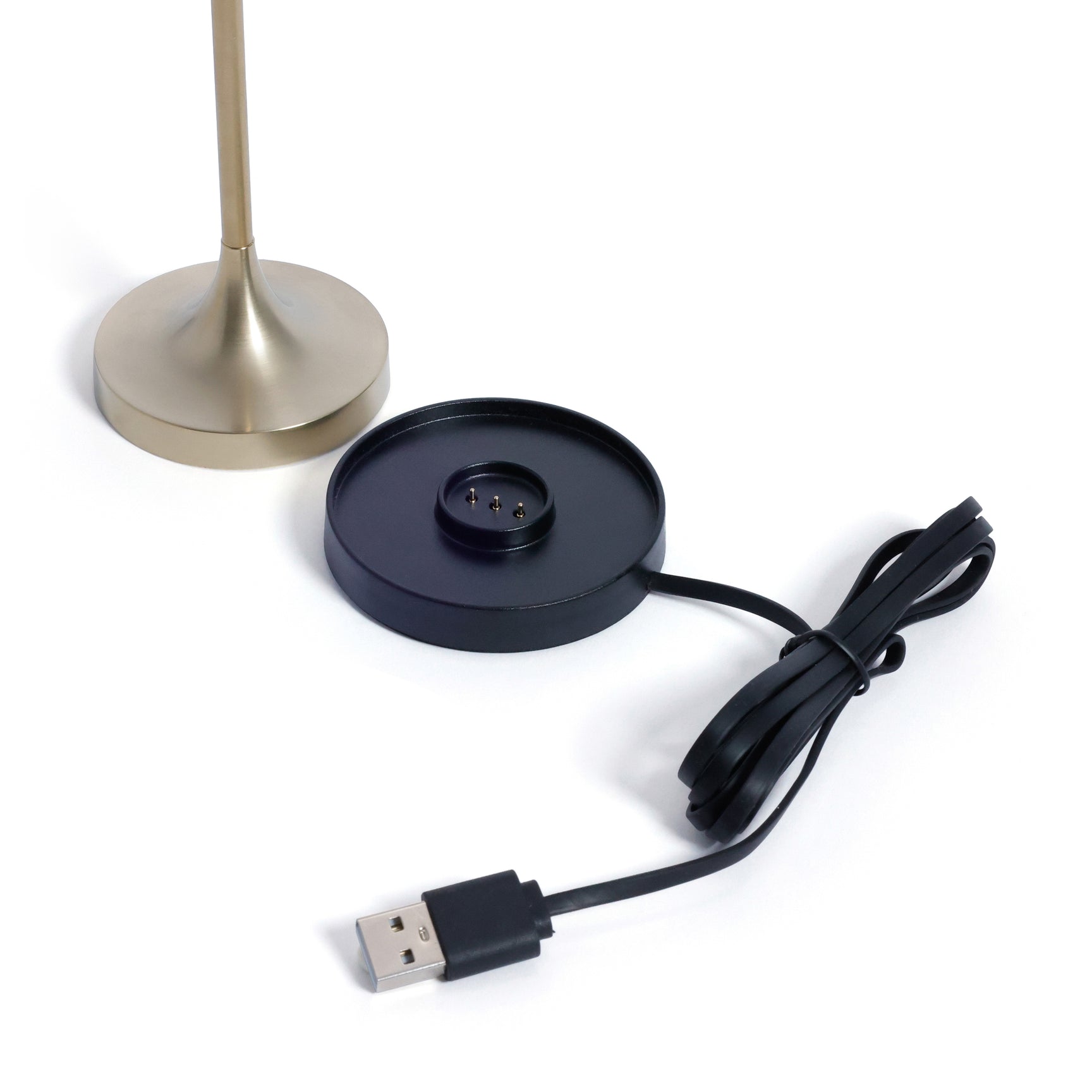 Zodax Reed rechargeable gold table lamp with modern design, featuring a sleek base and soft glowing light for ambient lighting.