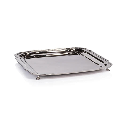 Zodax Alsace polished nickel tray with decorative feet, rectangular serving tray with a shiny finish and elegant design.
