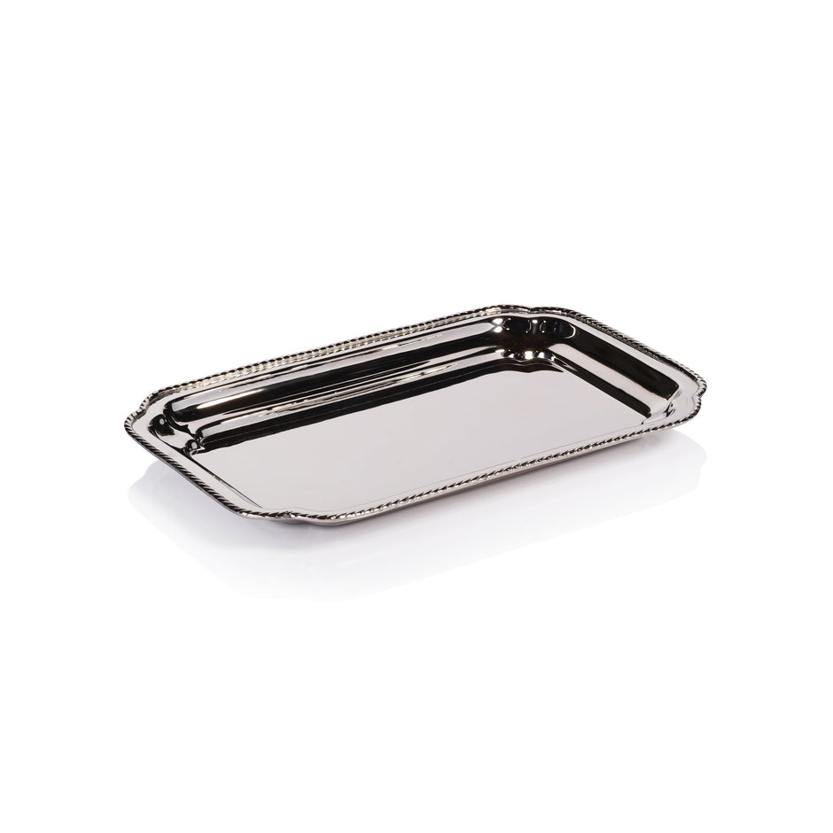 Zodax Andrea polished nickel small tray with a sleek, shiny surface and elegant design, perfect for decorative or functional use.