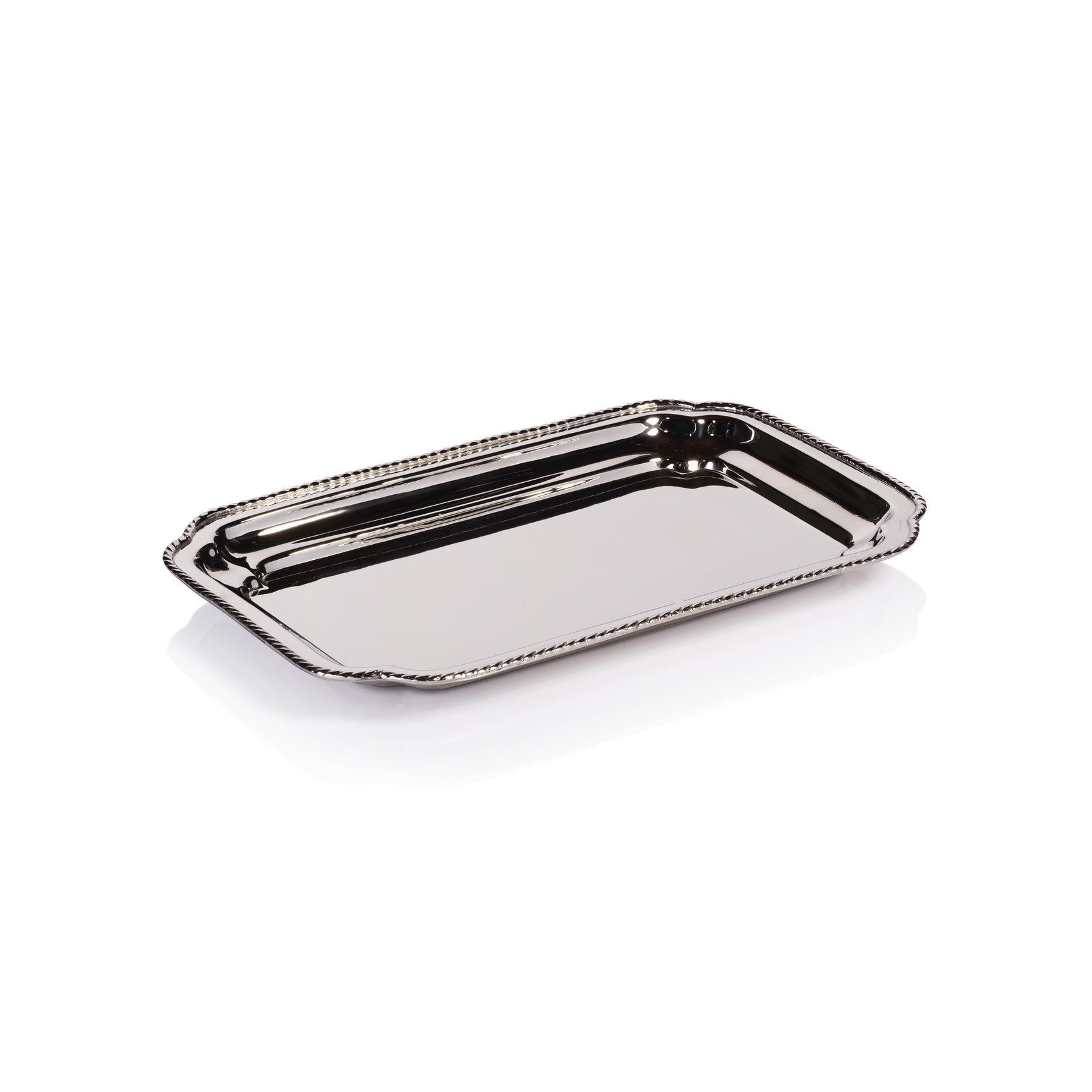 Zodax Andrea polished nickel small tray with a sleek, shiny surface and elegant design, perfect for decorative or functional use.