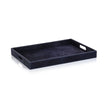 Corviglia Navy Hair-On-Hide Tray by Zodax showing a stylish tray with textured navy hair-on-hide surface and wooden edges.