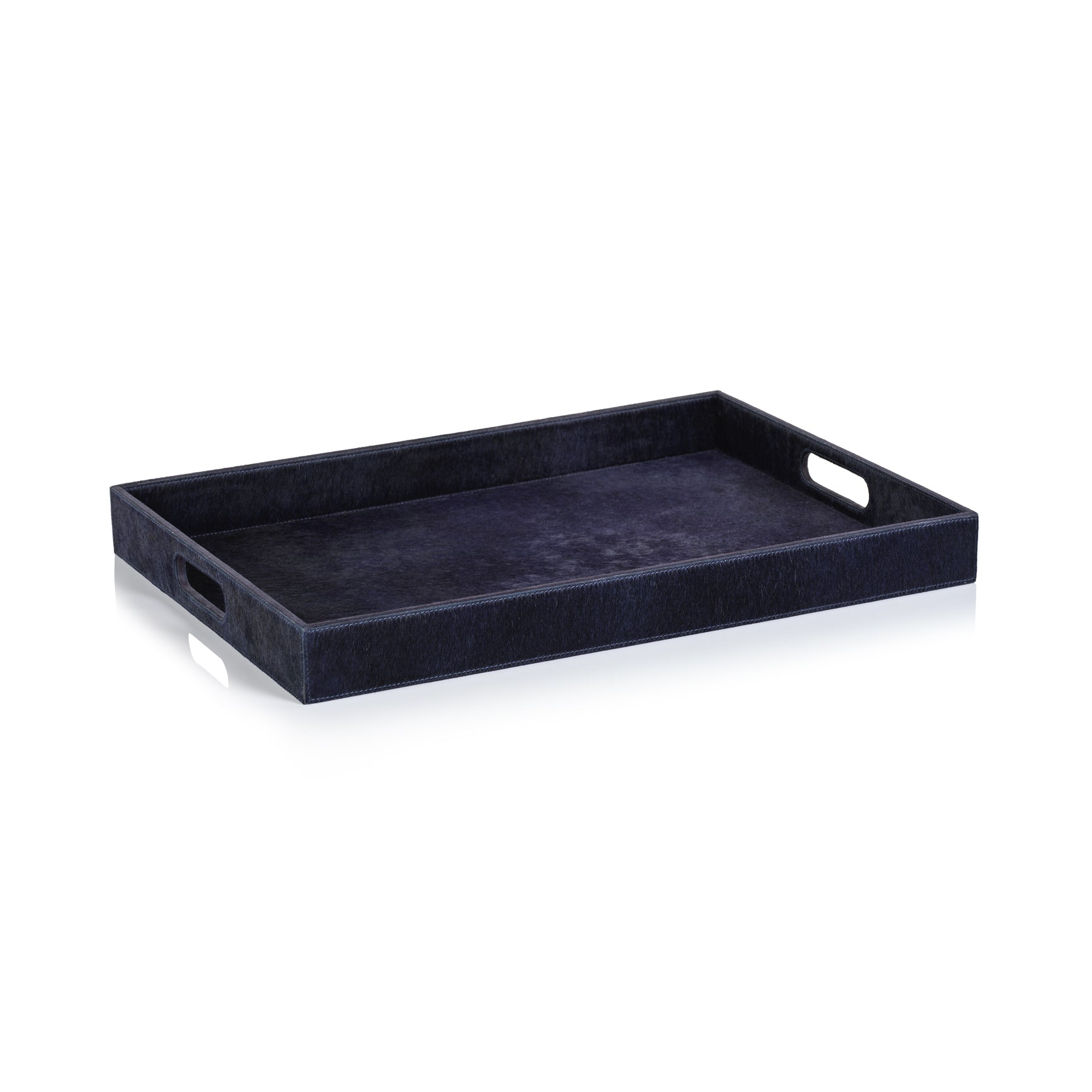 Corviglia Navy Hair-On-Hide Tray by Zodax showing a stylish tray with textured navy hair-on-hide surface and wooden edges.