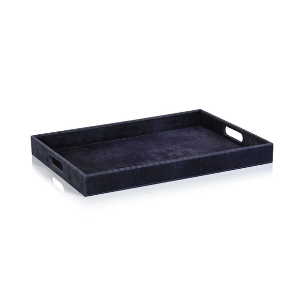 Corviglia Navy Hair-On-Hide Tray by Zodax featuring a textured navy hair-on-hide surface and wooden edges for decorative use.