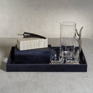 Corviglia Navy Hair-On-Hide Tray by Zodax, featuring a textured leather surface and rounded edges for decorative use.