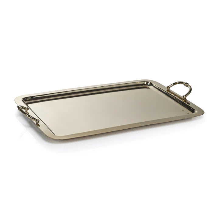 Large Manetta brass tray with polished gold finish by Zodax, showcasing its elegant, reflective surface and sturdy design.