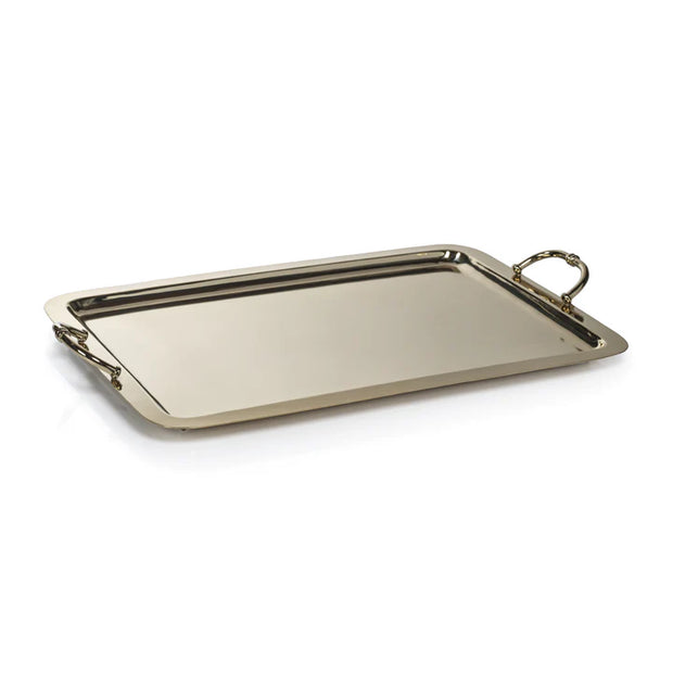 Large Manetta brass tray with polished gold finish by Zodax, showcasing its elegant, reflective surface and sturdy design.
