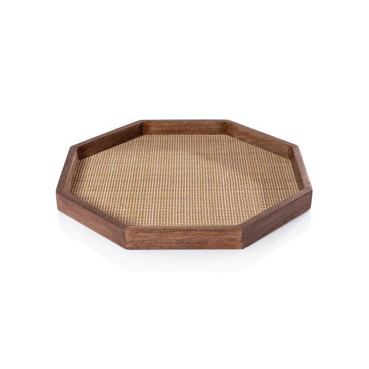 Small octagonal tray made of mango wood and rattan, by Zodax, with a natural, handcrafted appearance.