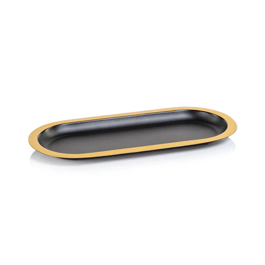 Oval black and gold Zodax tray with a sleek design, ideal for serving or decorative display.