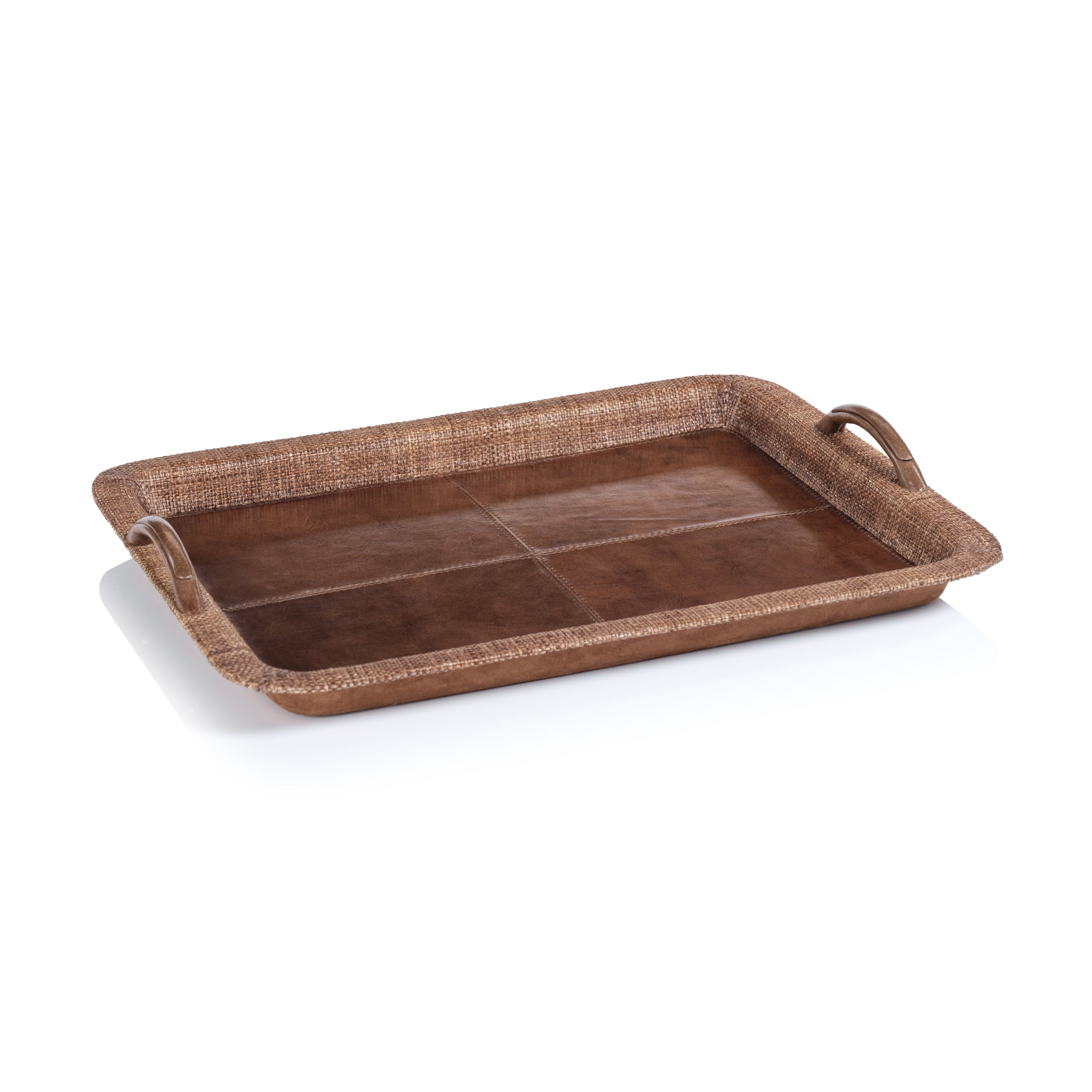 Large Rosso leather and raffia tray by Zodax with a rectangular shape and detailed woven design.