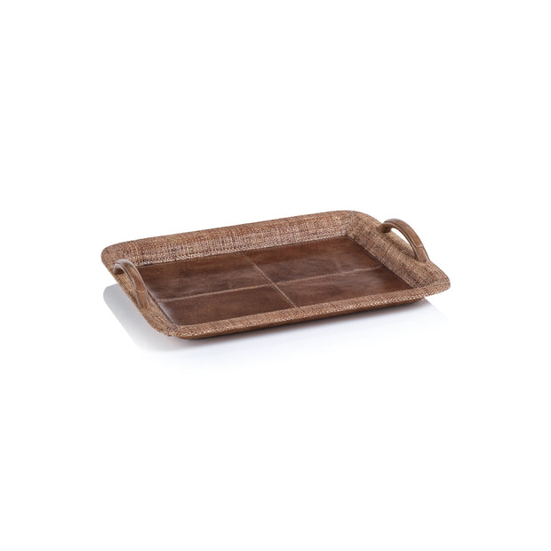 Small Zodax Rosso leather and raffia tray with a stylish design, perfect for serving or decorative use.