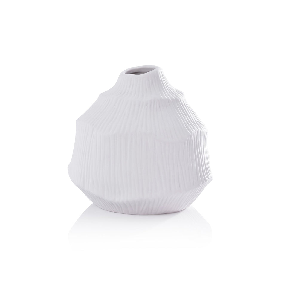 Textured matte white porcelain vase by Zodax with a smooth, rounded shape and subtle surface detailing for elegant home decor.