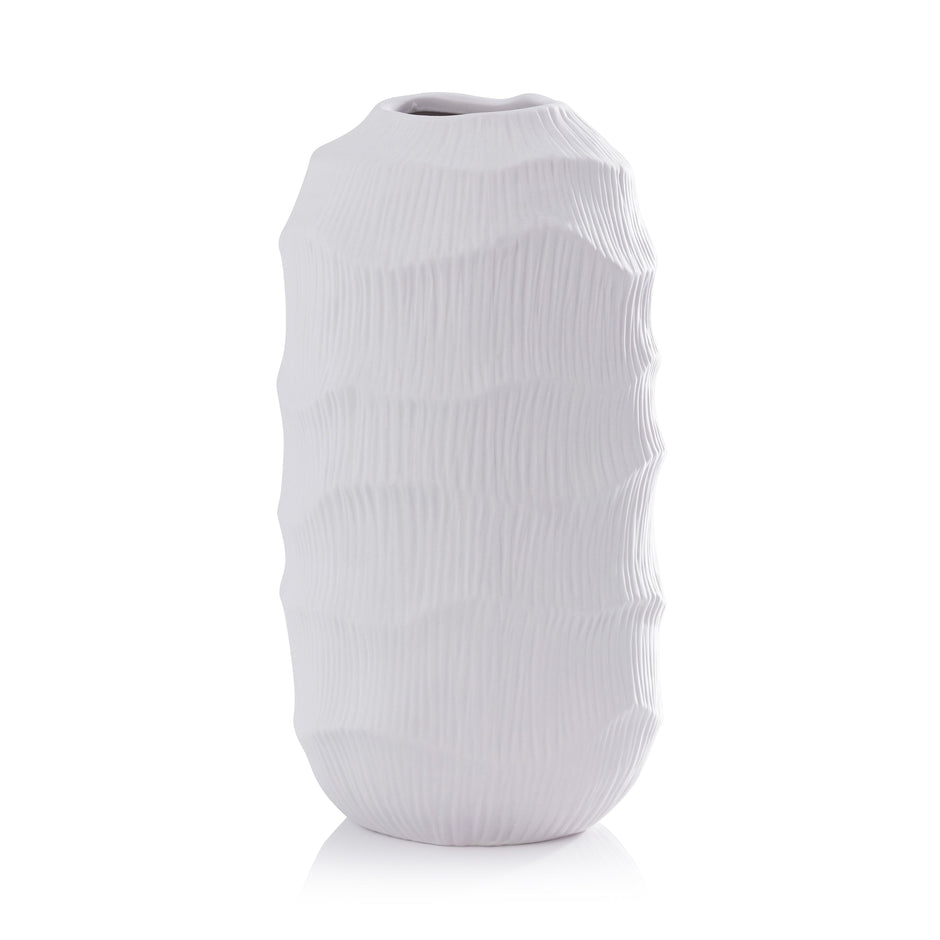 Textured matte white porcelain Zodax vase with a sleek, modern design perfect for contemporary home decor.