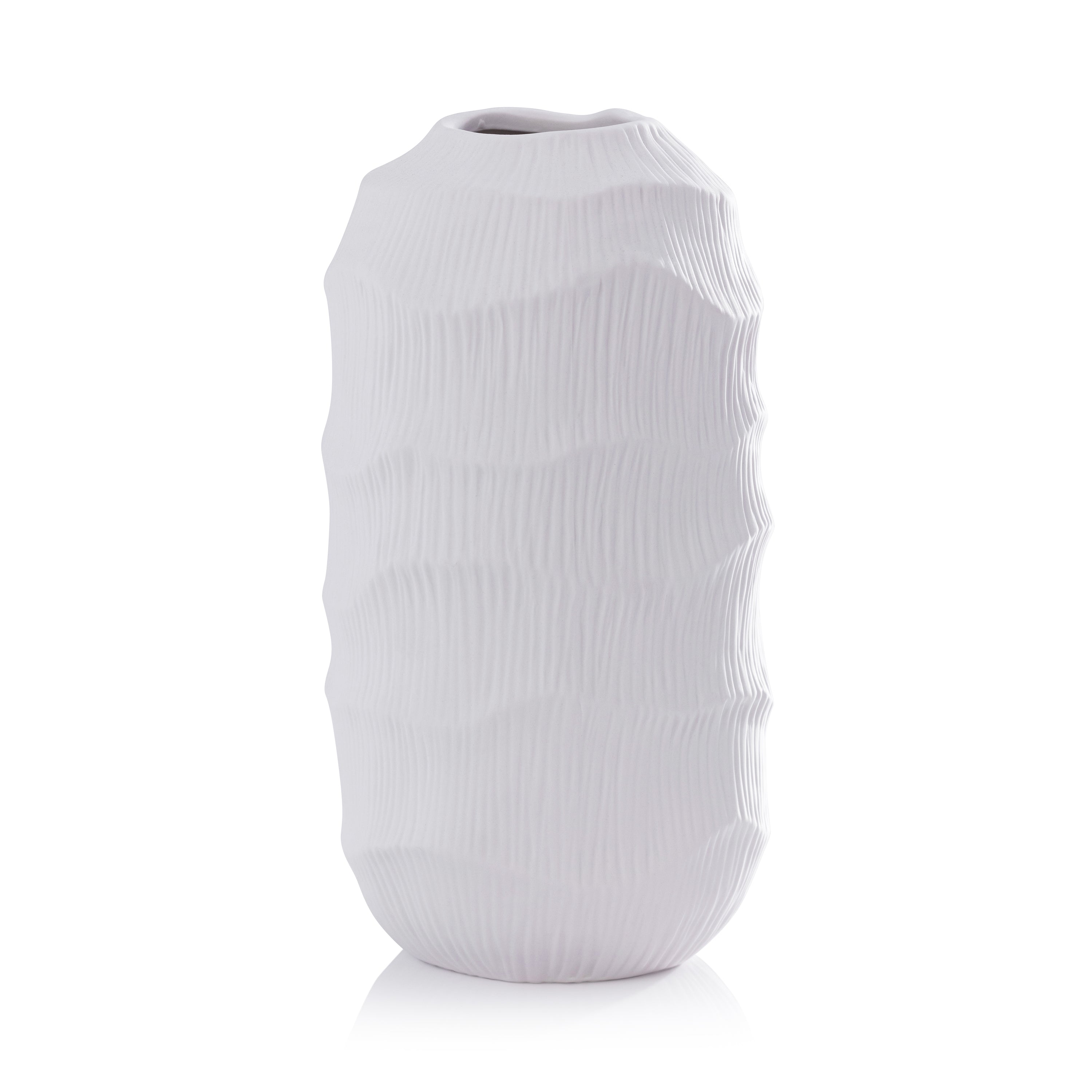 Textured matte white porcelain Zodax vase with a sleek, modern design perfect for contemporary home decor.