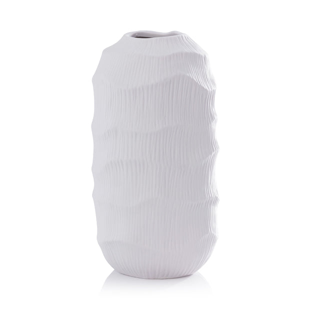 Textured matte white porcelain vase by Zodax, showcasing a sleek, modern design with a smooth finish and elegant shape.